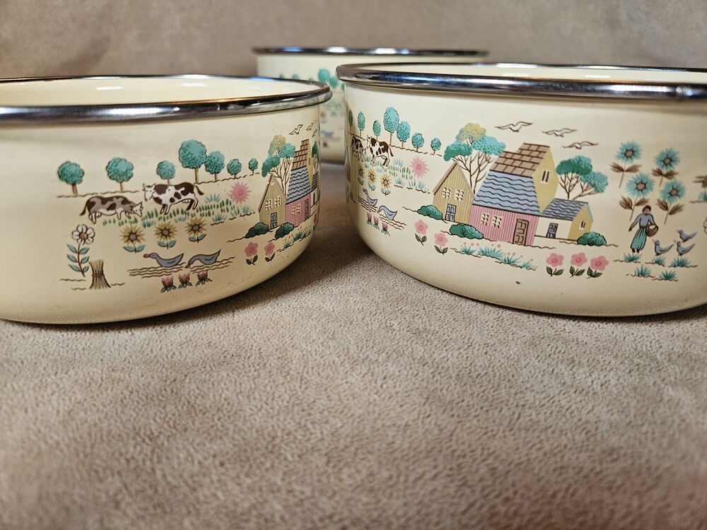 3 Enamelware Mixing Nesting Bowls Set Farmhouse Cottage Unknown Brand
